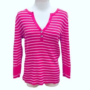 Ralph Lauren Pink White Stripe Knit Henley Knit Top L Preppy
